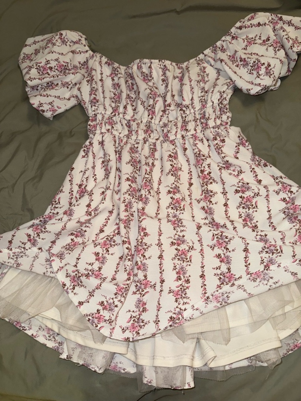 Floral Puff Sleeve Mini Dress - White & Pink
